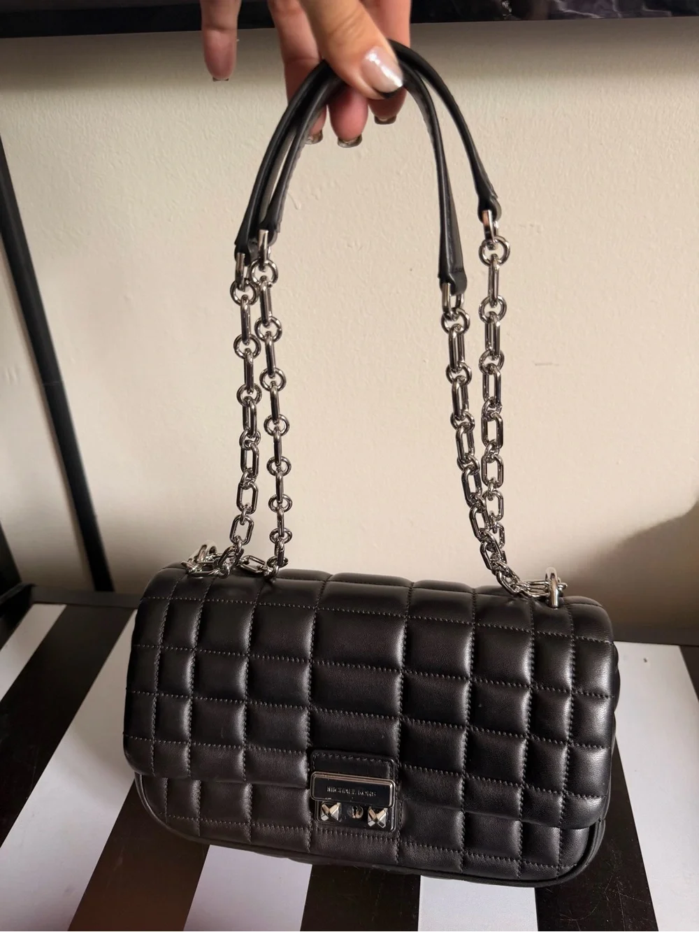 Authentic Michael Kors Black Quilted Shoulder Bag with Silver Chain